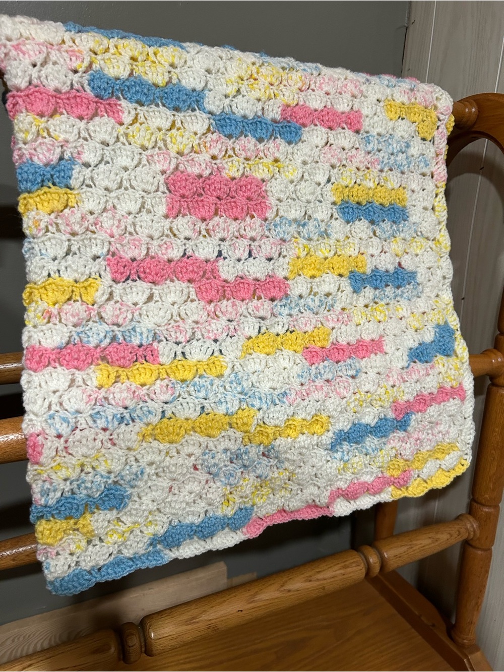 Handmade Kids Crochet Blanket - White with Pink, Blue & Yellow